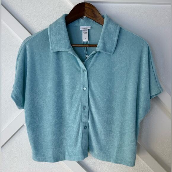 NWT Andie Swim The Cropped Button Up Short Sleeve Shirt Terry Cloth Blue Small - Picture 2 of 9
